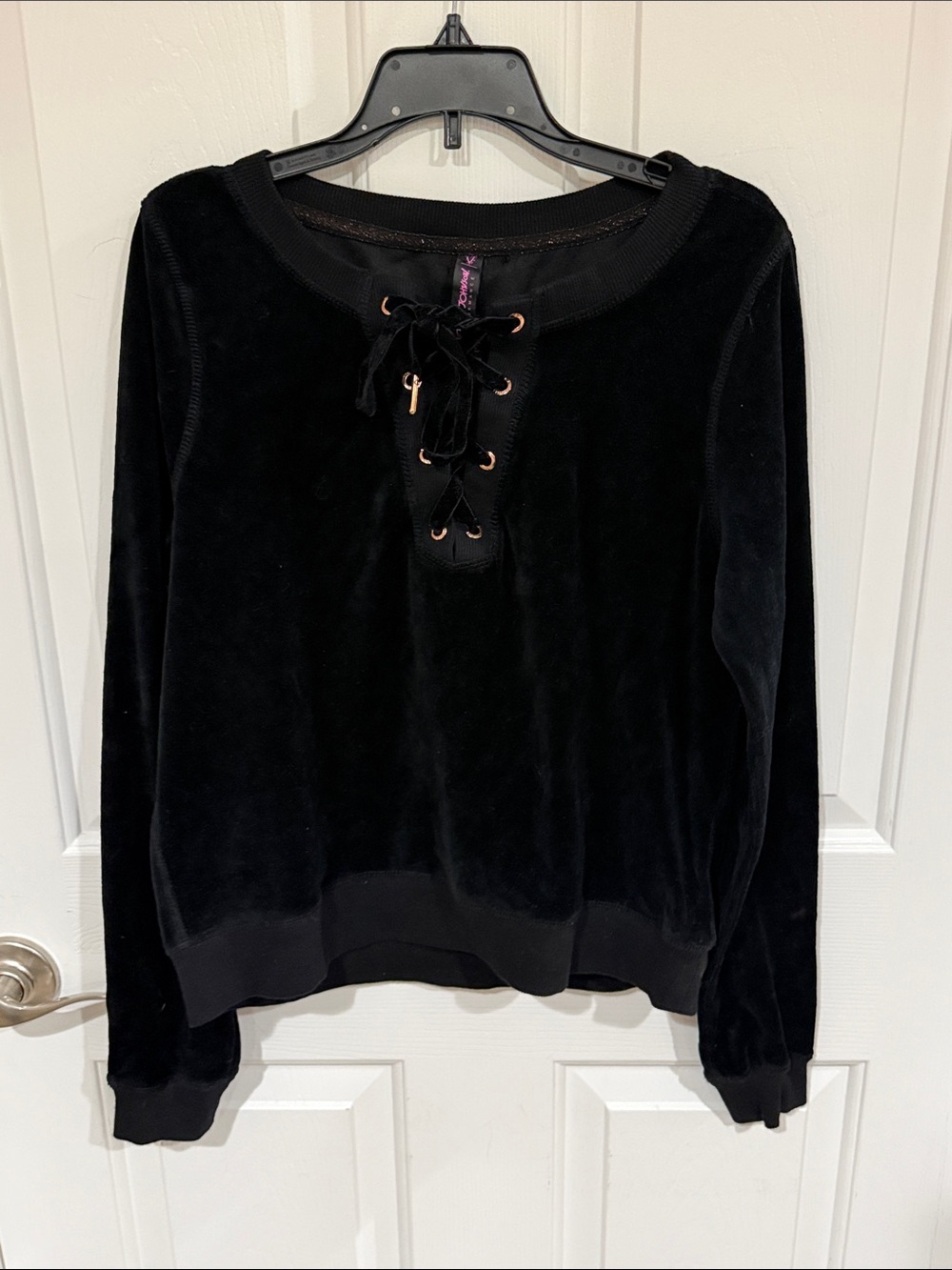 Betsey Johnson Sz S Black Velvet Lace-Up Pullover Hoodie b38